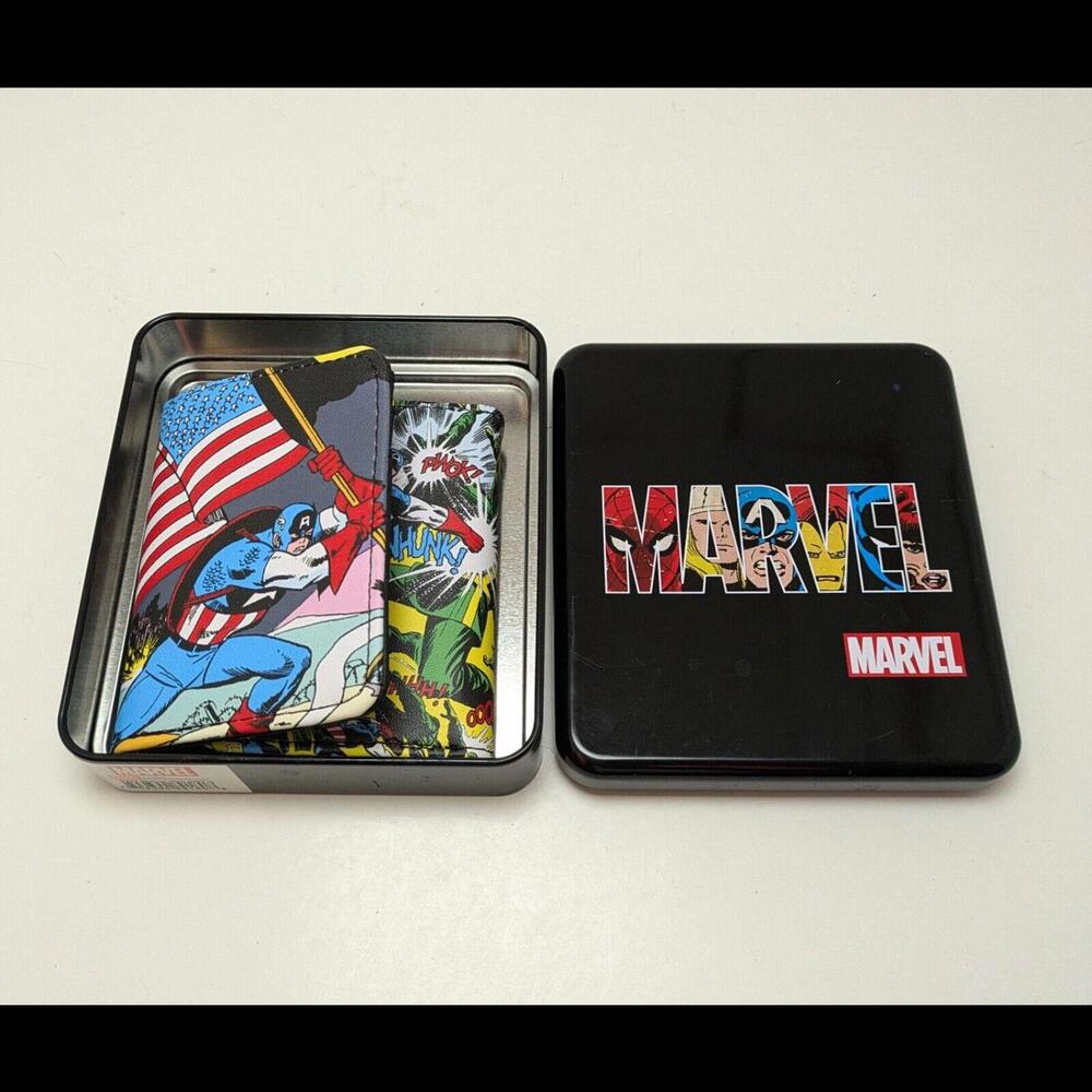 NWT Mens Marvel Comics Trifold Wallet - Captain America With‎ Metal Tin